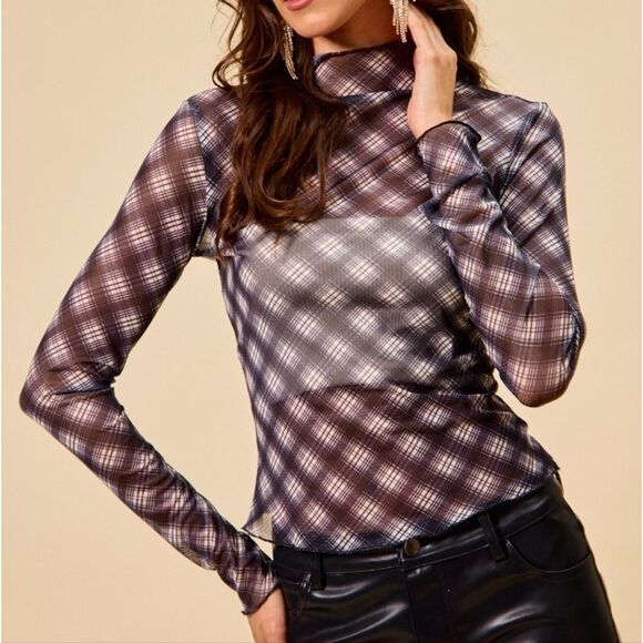 SO ME Plaid Mesh Knit Long Sleeve Top   Thumb Opening sz Small [2-4] - Picture 4 of 12